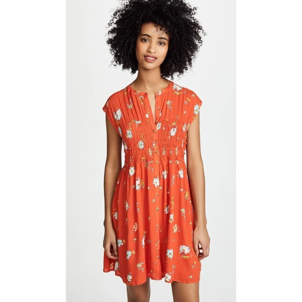 Free People Dress Greatest Day Smocked Button Down Orange Floral Mini